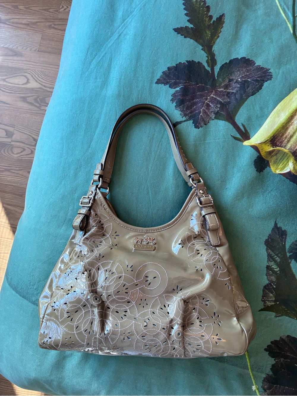 Coach Madison Maggie Taupe Patent Leather Shoulder Bag with Floral Laser-Cut Day